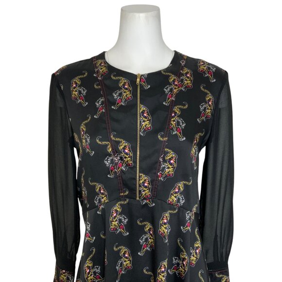 Sandro Paris Kaiya Tiger Print Dress 3 US/8 Black Long Sleeve Mini MISSING BELT - Picture 7 of 12